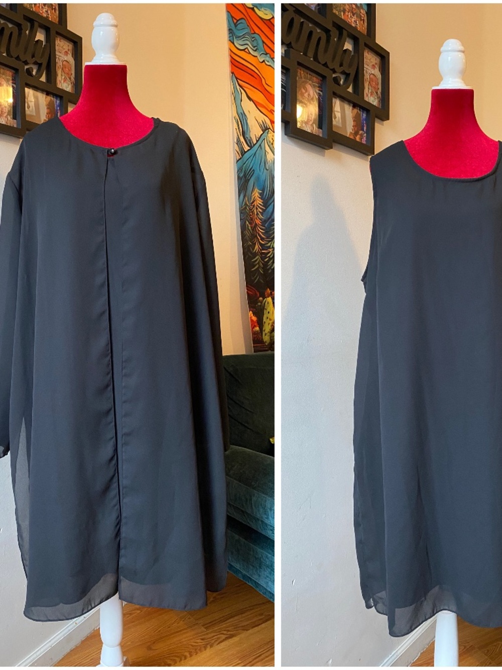 Vintage black loose fitting dress with long sleeve shear cardigan